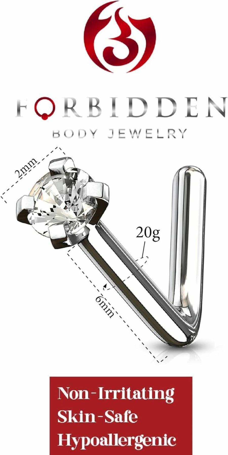 Forbidden Body Jewelry Body Piercing Studs | Forbidden Body Jewelry 18G/20G Grade 23 Titanium 2Mm Press Fit Cz L Shaped Nose Stud