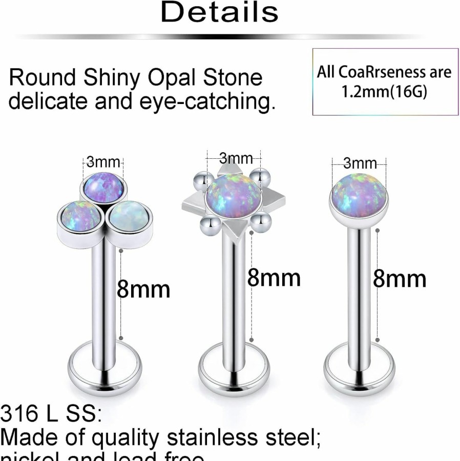 Ftovosyo Body Piercing Studs | Ftovosyo Opal Medusa Piercing Jewelry 16G Stainless Steel Lip Rings Internally Threaded Labret Studs Forward Helix Cartilage Conch Tragus Earring Stud For Women Men