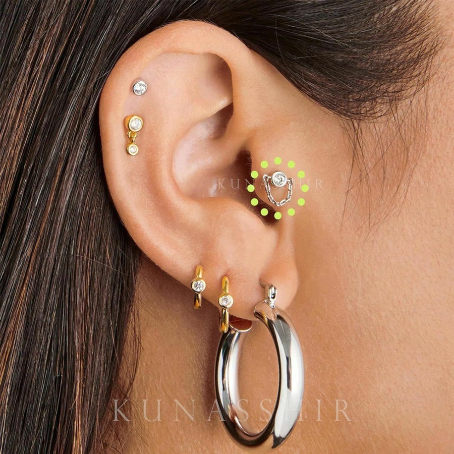 KUNASSHIR Body Piercing Studs | Kunasshir 925 Silver Cartilage Stud18G Dangle Chain Helix Earring Threadless Push-Pin Labret Piercings Forward Helix Conch Tragus Piercing Jewelry Monroe Jewelry