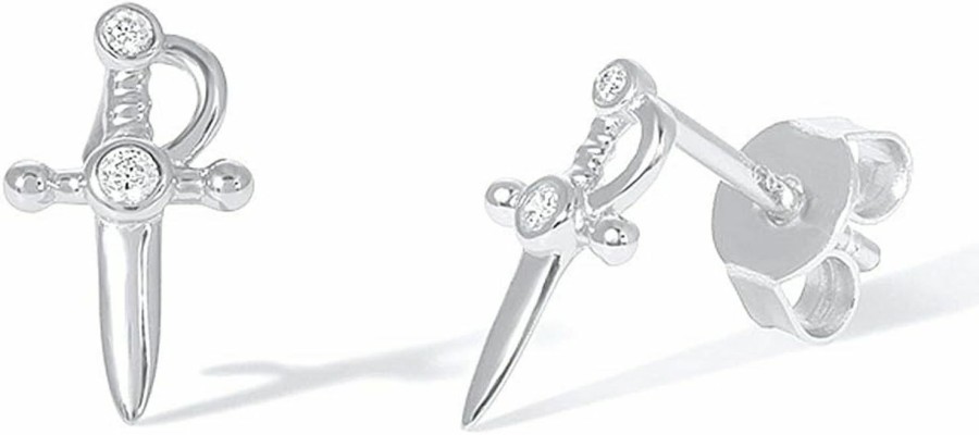 Dtja Body Piercing Studs | Tiny Dagger Cubic Zirconia Studs Earrings For Women Girls Men Sterling Silver Fashion Unique Small Stud Cartilage Tragus Post Pin Hypoallergenic Punk Rock Boho Jewelry Uni Dainty Bff Gifts