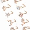 ORAZIO Body Piercing Studs | Orazio 10Pcs Nose Rings Stud 20G Nose Studs L Shaped For Women Moon Flower Nose Stud Cute Nose Rings Body Piercings For Nose Nostril Jewelry Silver Rose Gold Tone