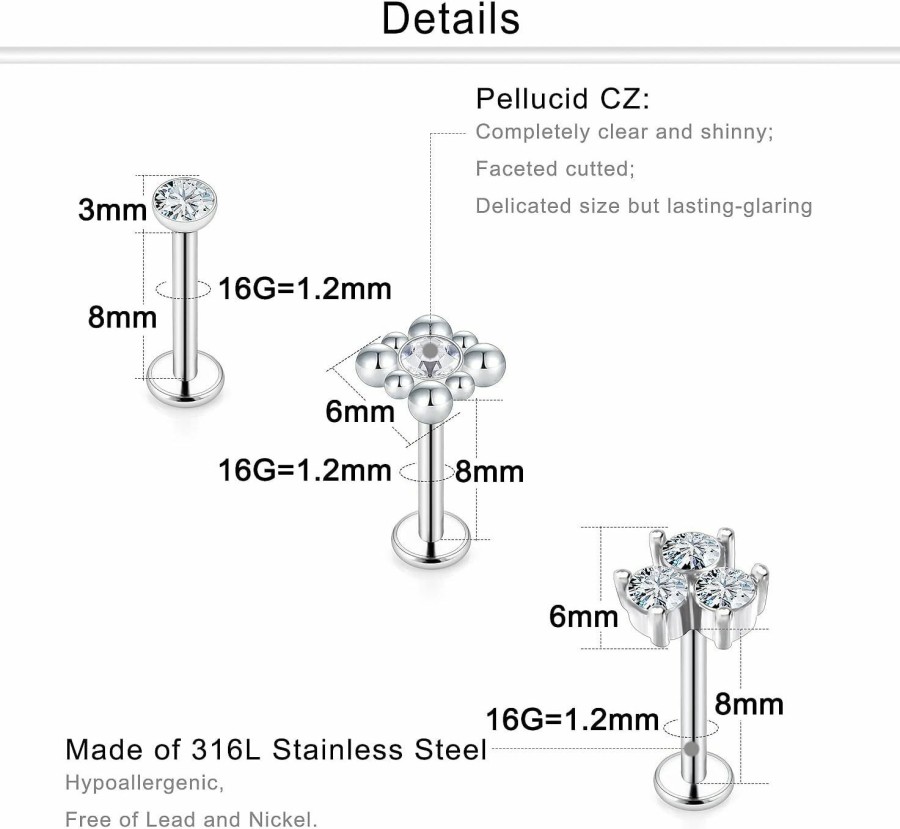 Dyknasz Body Piercing Studs | Dyknasz 16G Tragus Piecing Jewelry Flat Back Earrings For Women Surgical Stainless Steel Medusa Labret Monroe Lip Ring Studs Cartilage Helix Conch Earring Stud