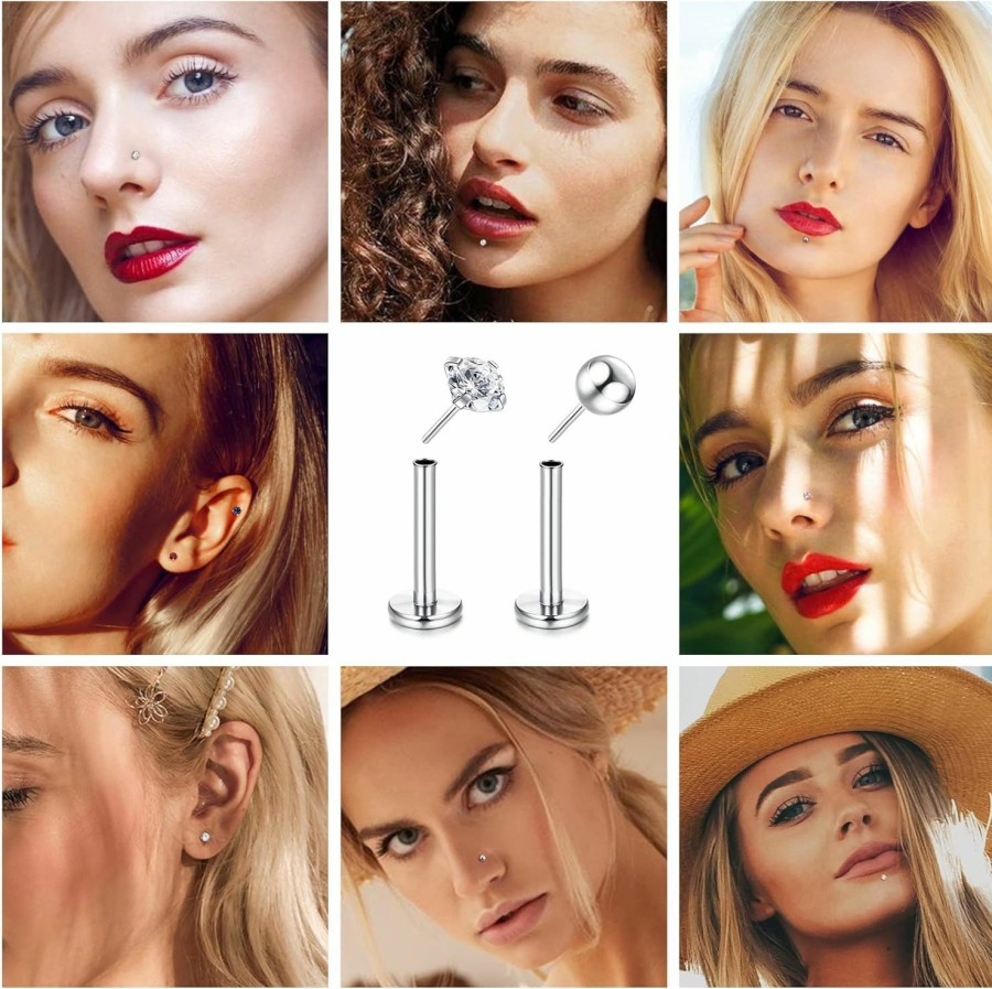 FIBO STEEL Body Piercing Studs | Fibo Steel 16G Threadless Push In Lip Rings For Women Surgical Steel Nose Rings Studs Labret Monroe Tragus Helix Cartilage Earrings Medusa Piercing Jewelry 8Mm