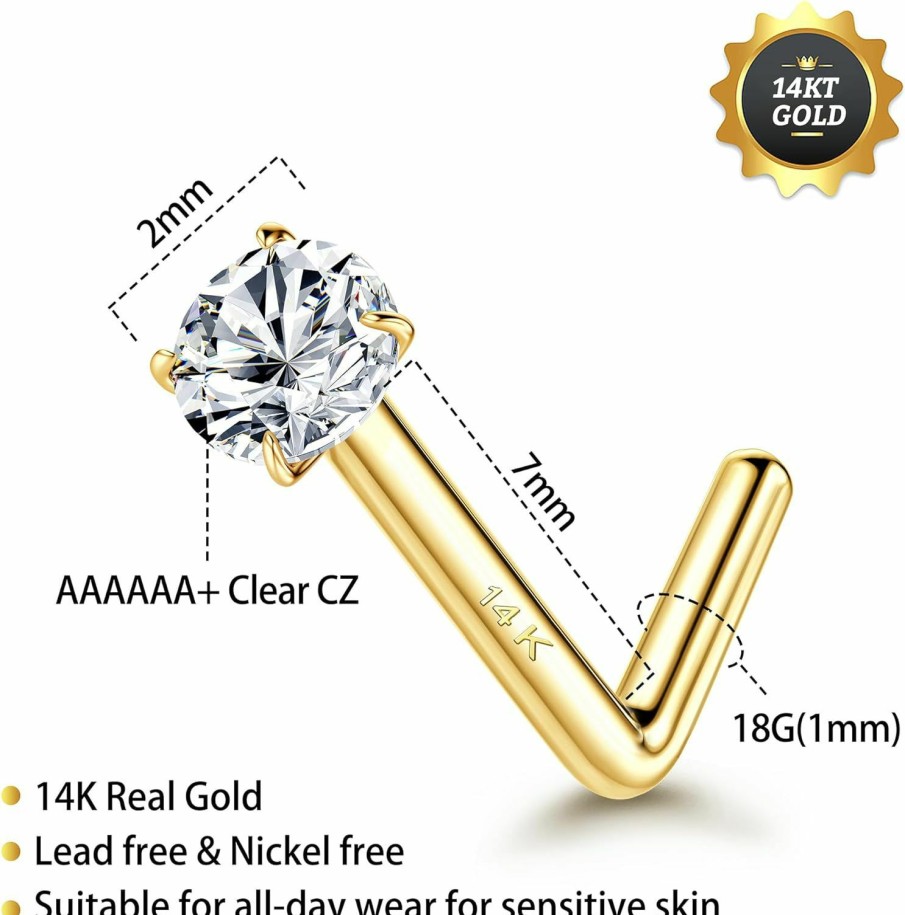 MILACOLATO Body Piercing Studs | Milacolato 14K Real Gold Nose Rings Studs 20G 18G 14K Solid Gold L Shaped Nose Rings 1.5Mm 2Mm 3Mm Clear Simulated Diamond Cz Nose Studs Hypoallergenic Nose Piercing Jewelry For Women Men