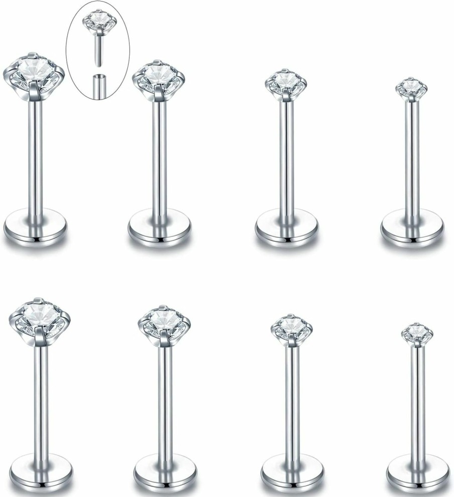 Oveta Body Piercing Studs | Oveta Threadless Push In Lip Rings 16G/18G/20G Labret Jewelry Cz Lip Studs Stainless Steel Cartilage Earrings For Women Monroe Medusa Piercing Jewelry 6/7/8/10/12Mm Bar Length