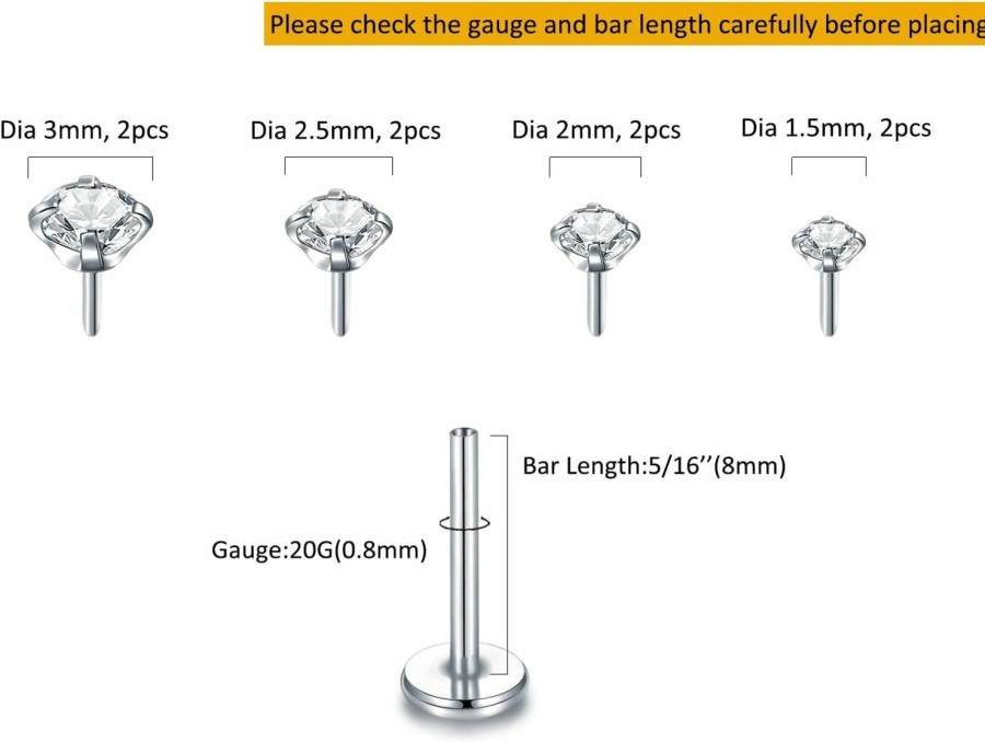 Oveta Body Piercing Studs | Oveta Threadless Push In Lip Rings 16G/18G/20G Labret Jewelry Cz Lip Studs Stainless Steel Cartilage Earrings For Women Monroe Medusa Piercing Jewelry 6/7/8/10/12Mm Bar Length