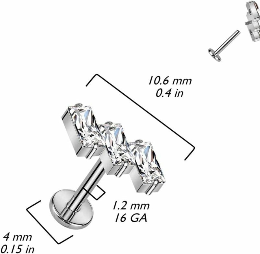 Pierced Owl Body Piercing Studs | Pierced Owl 16Ga F136 Implant Grade Titanium Internally Threaded Triple Slanted Cz Crystal Baguette Top Flat Back Stud