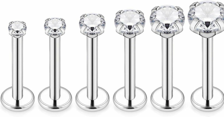 SQKXKLCZ Body Piercing Studs | 6Pcs G23 Titanium 16G 6Mm/7Mm/8Mm/9Mm/10Mm Internally Threaded 2Mm 2.5Mm 3Mm 4Mm 5Mm 6Mm Prong Cz Top 4Mm Flat Back Piercing Lip Stud Earring Labret Monroe Lip Ring Tragus Cartilage Earring Stud