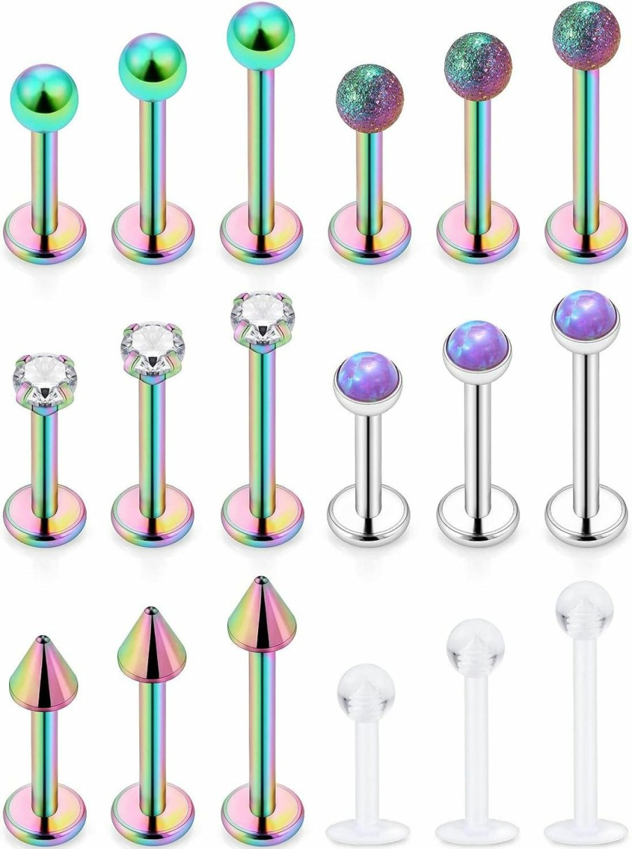 Ovxznts Body Piercing Studs | Ovxznts 18Pcs Assorted Length 16G Lip Rings For Women Men Surgical Steel Medusa Piercing Jewelry Labret Studs Cz Diamond Opal Tragus Forward Helix Earrings Retainer