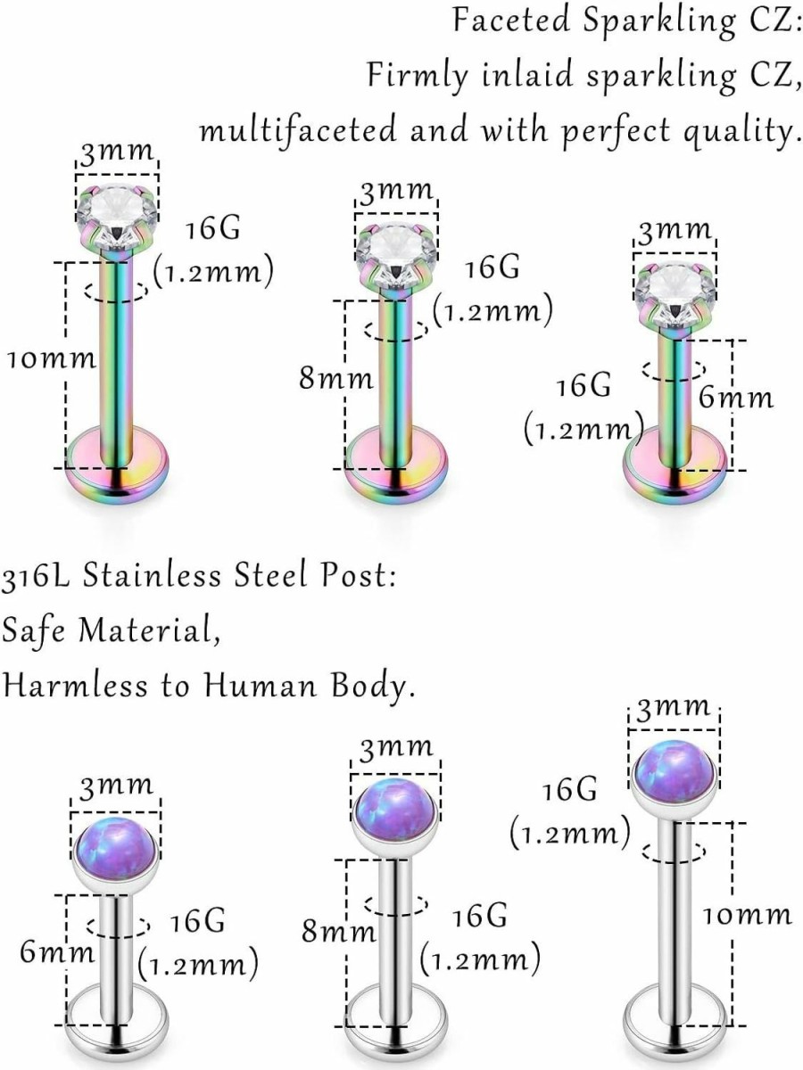Ovxznts Body Piercing Studs | Ovxznts 18Pcs Assorted Length 16G Lip Rings For Women Men Surgical Steel Medusa Piercing Jewelry Labret Studs Cz Diamond Opal Tragus Forward Helix Earrings Retainer