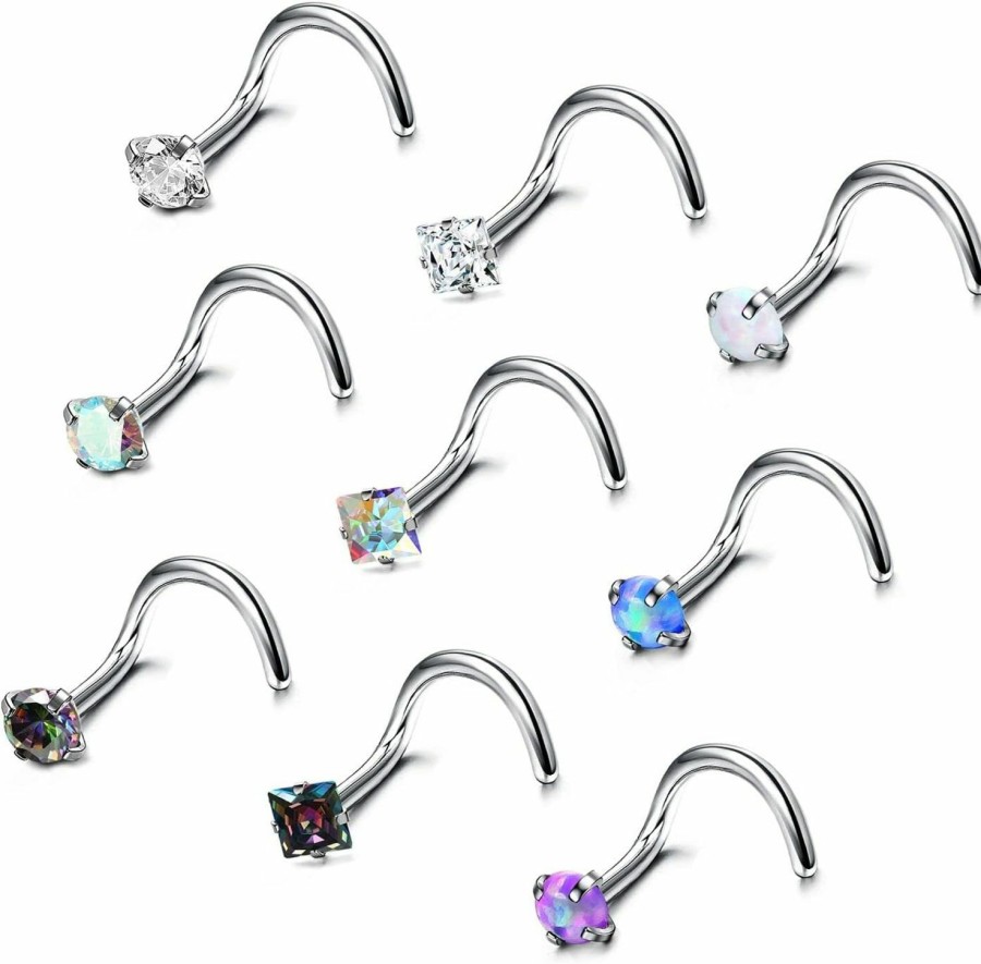 LOLIAS Body Piercing Studs | Lolias G23 Titanium Nose Ring Studs L Shaped Straight Screw Nose Rings 20G 2Mm Tiny Cz Opal Nose Studs Nostrial Nose Piercing Jewelry