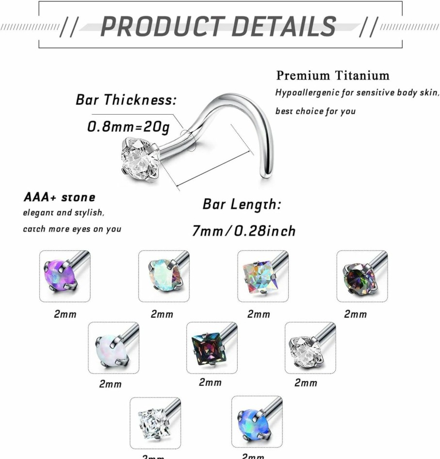 LOLIAS Body Piercing Studs | Lolias G23 Titanium Nose Ring Studs L Shaped Straight Screw Nose Rings 20G 2Mm Tiny Cz Opal Nose Studs Nostrial Nose Piercing Jewelry