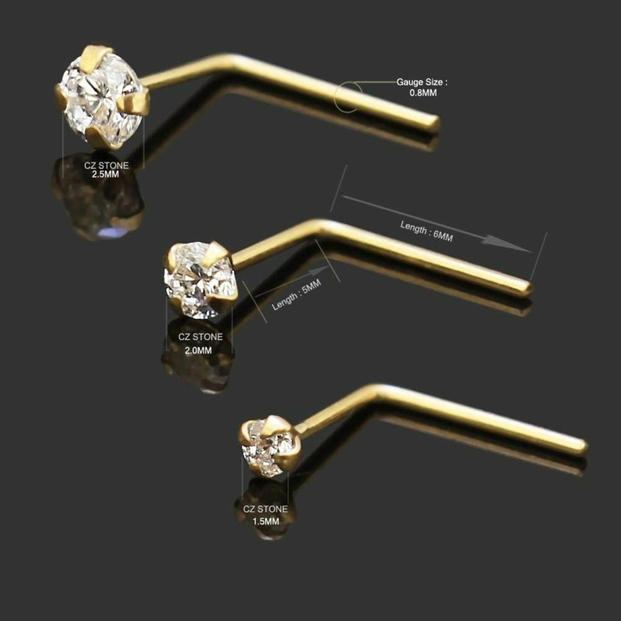 AtoZ Piercing Body Piercing Studs | 14K Yellow Gold Prong Set Round Cz Stone 22 Gauge L Shape Nose Stud Piercing Jewelry