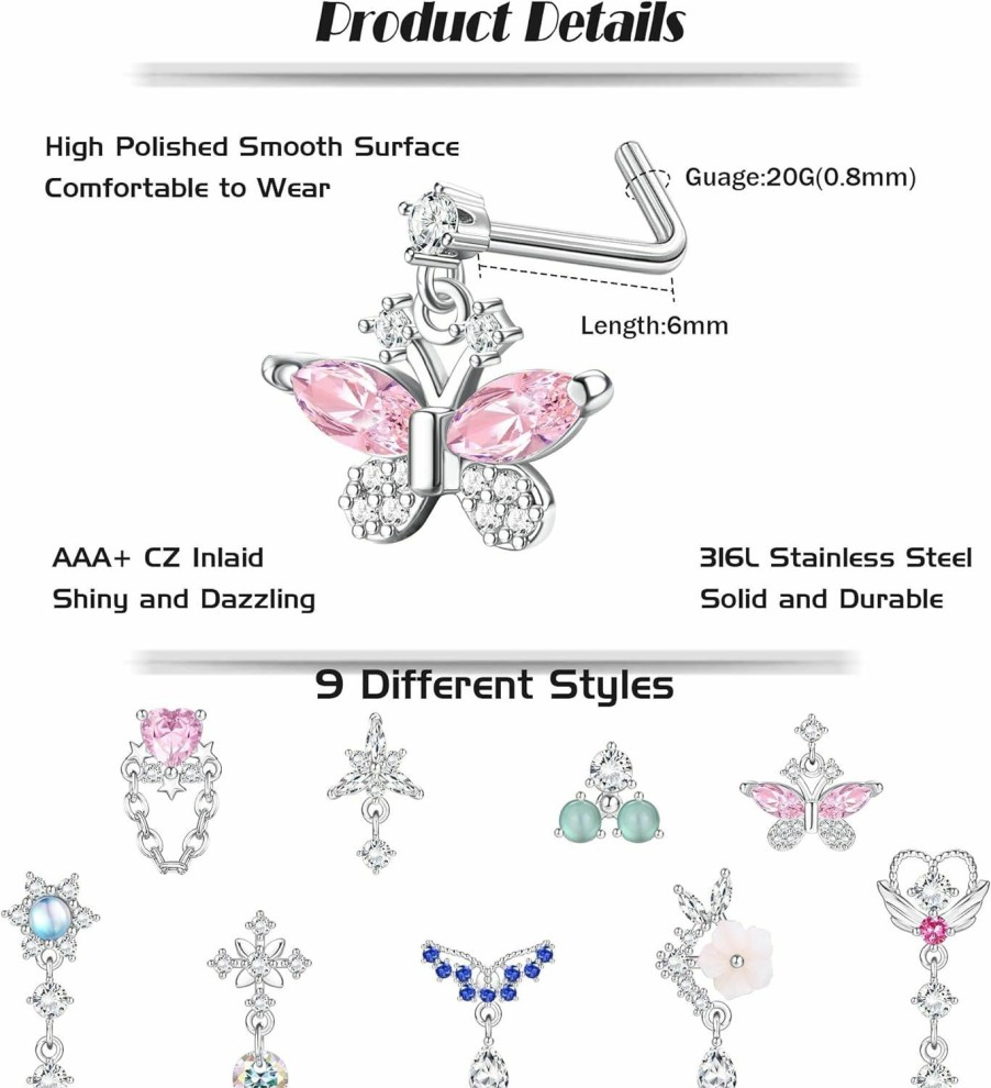 FIBO STEEL Body Piercing Studs | Fibo Steel 9 Pcs 20G Dangle Nose Rings Studs For Women Stainless Steel L Shaped Nose Studs Butterfly Flower Heart Dangling Nose Piercing Jewelry