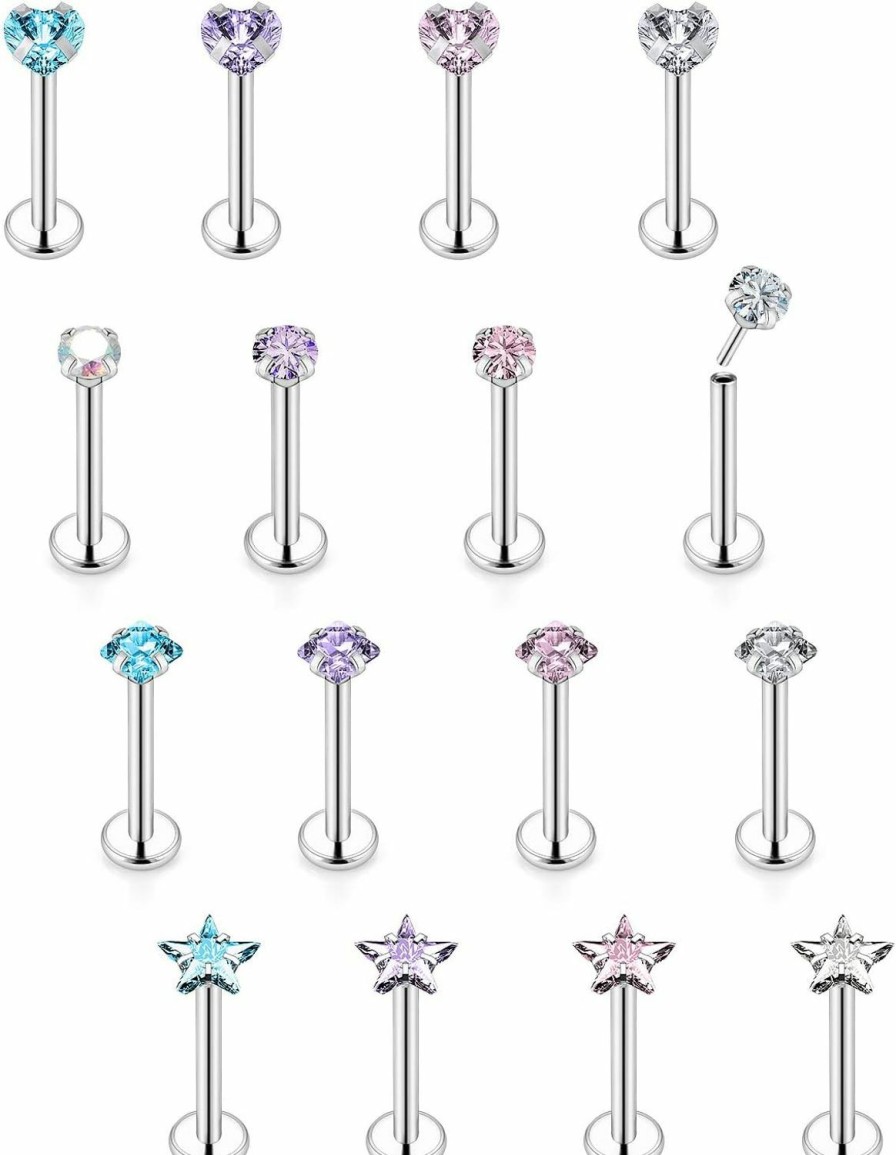 Vsnnsns Body Piercing Studs | Vsnnsns 20G 18G 16G Push In Lip Rings Stainless Surgical Steel Labret Jewelry Monroe Lip Rings Nail Cartilage Tragus Helix Earrings Studs Nose Ring Medusa Piercing Jewelry For Women Men Heart Cz 16Pcs