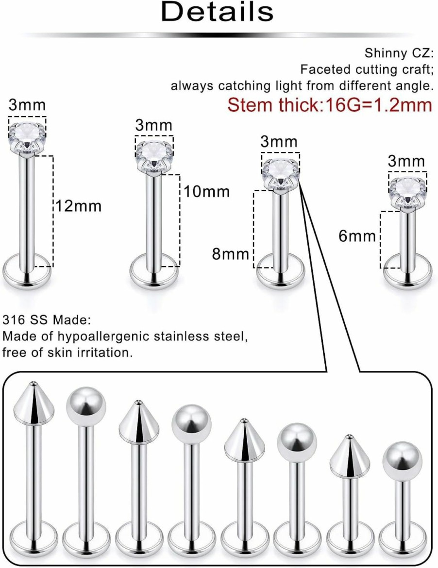 Ftovosyo Body Piercing Studs | Ftovosyo Labret Jewelry 24Pcs Monroe Lip Medusa Barbell Ring Helix Earring Tragus Cartilage Studs Surgical Steel Piercing Jewelry For Women Men 16G