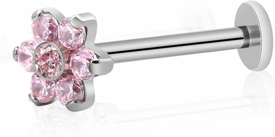 ZYTAIJEW Body Piercing Studs | 16G 6Mm/8Mm/10Mm/12Mm G23 Titanium Internally Threaded Pink/White Cz Flower Labret Monroe Lip Tragus Cartilage Earring Ring Nose Stud Piercing Jewelry