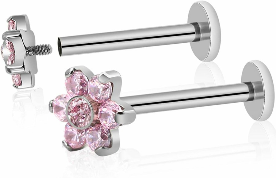 ZYTAIJEW Body Piercing Studs | 16G 6Mm/8Mm/10Mm/12Mm G23 Titanium Internally Threaded Pink/White Cz Flower Labret Monroe Lip Tragus Cartilage Earring Ring Nose Stud Piercing Jewelry