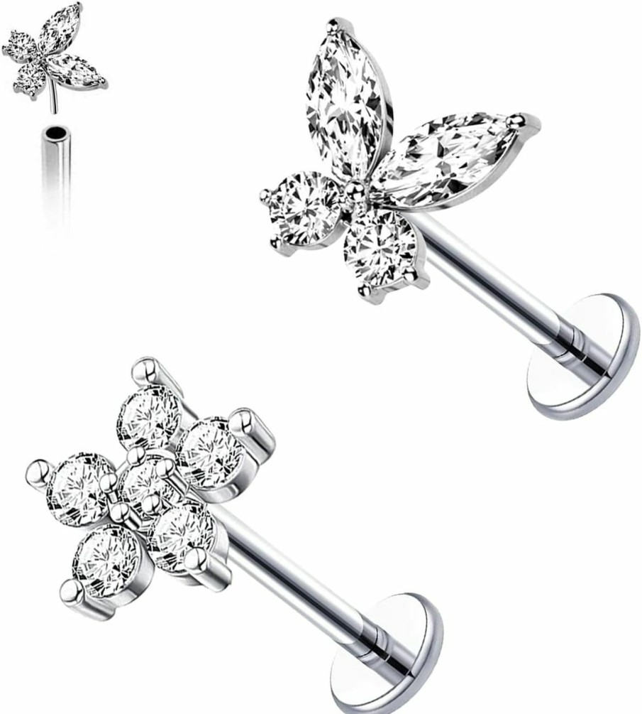 VERAMI Body Piercing Studs | Verami 16G Surgical Steel Pushin Lip Rings Butterfly Flower Bee Nose Stud Rings Top Push In Threadless Flat Back Nose Rings Studs Cartilage Earrings For Womens