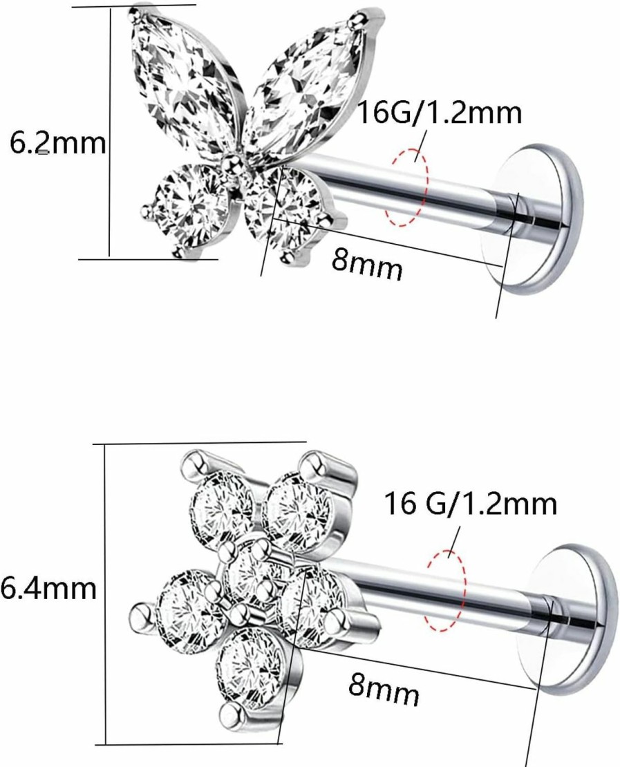 VERAMI Body Piercing Studs | Verami 16G Surgical Steel Pushin Lip Rings Butterfly Flower Bee Nose Stud Rings Top Push In Threadless Flat Back Nose Rings Studs Cartilage Earrings For Womens