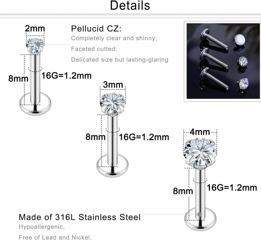 Dyknasz Body Piercing Studs | Dyknasz Opal Medusa Piercing Jewelry 16G Stainless Steel Labret Jewelry Lip Rings Snake Bite Piercing Jewelry Different Size Tragus Earrings Forward Helix Cartilage Conch Earring Stud With Flat Back