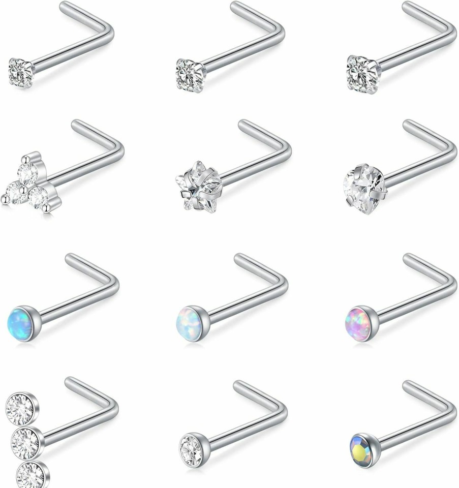 MODRSA Body Piercing Studs | Modrsa Nose Studs 20G 18G Nose Rings Studs Nose Stud L Shaped Surgical Stainless Steel Diamond Small Nose Stud For Women Men Corkscrew Nose Rings Nose Piercing Studs Screw