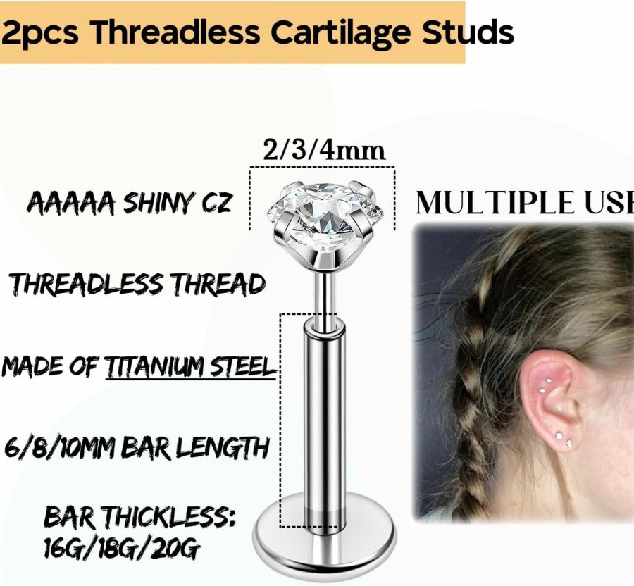 PunkTracker Body Piercing Studs | Punktracker 16G/18G/20G Titanium Steel Threadless Flat Back Cartilage Earrings For Helix/Tragus/Conch/Daith/Earlobe - Nose Studs Lip Rings Labret Monroe Piercing Jewelry For Women Men 2Pcs