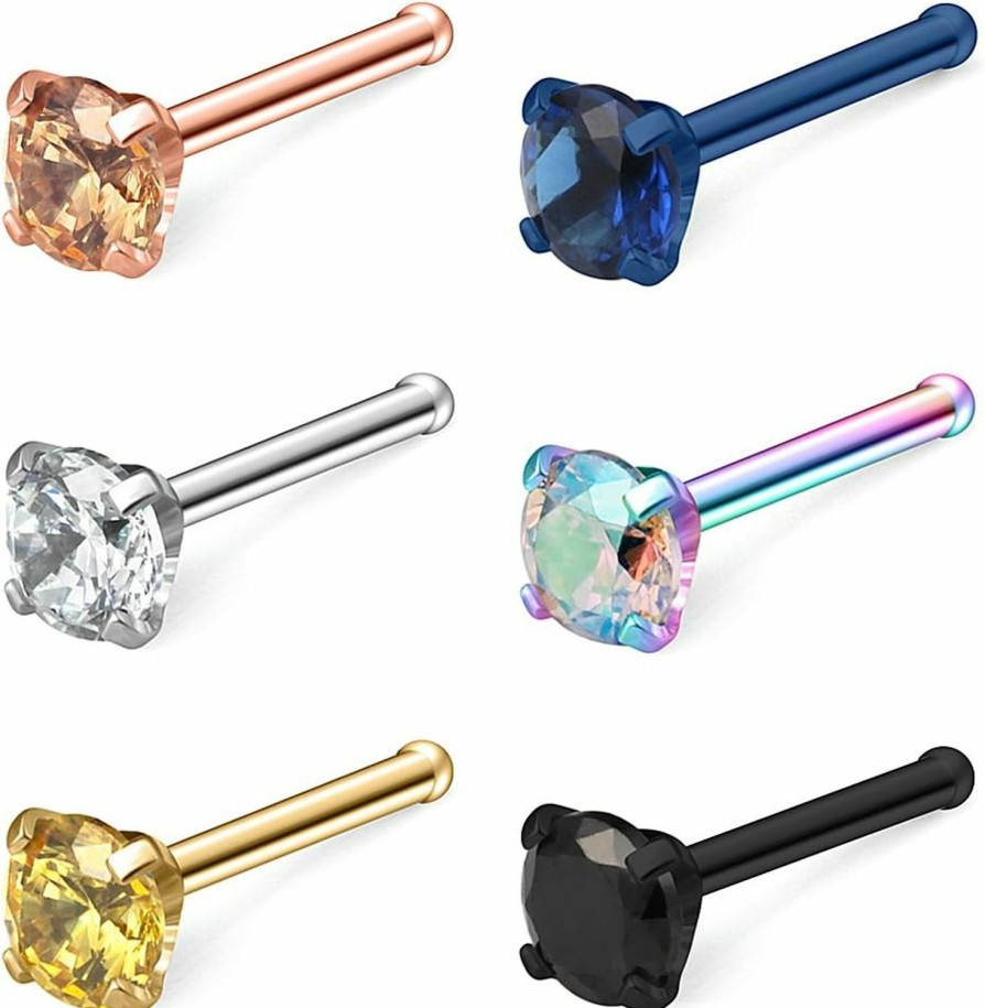 Ruifan Body Piercing Studs | Ruifan 6Pcs 18G Surgical Steel Mix Color Diamond Cz Nose Stud Rings Bone Pin Piercing Jewelry 1.5Mm 2Mm 2.5Mm 3Mm