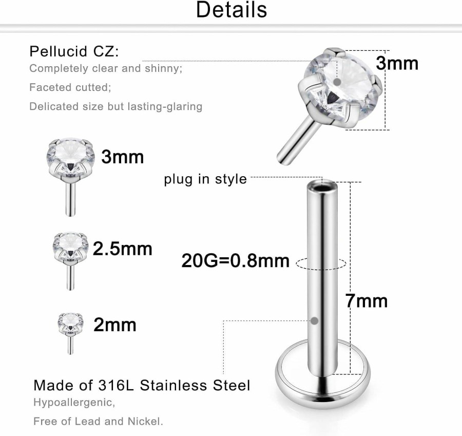 Dyknasz Body Piercing Studs | Dyknasz 20G 18G Threadless Nose Stud Threadless Earring Set Surgical Steel Push In Nose Rings Studs For Women Nose Piercing Jewelry For Men Flat Back Cartilage Tragus Forward Helix Earrings