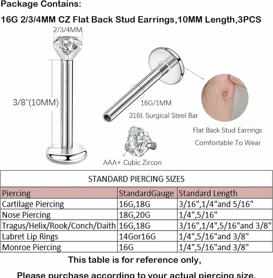 CANDYFANCY Body Piercing Studs | Candyfancy 16G 2/3/4Mm Cubic Zirconia Triple Forward Helix Ear Cartilage Tragus Studs Earrings Lip Piercing 16 Gauge