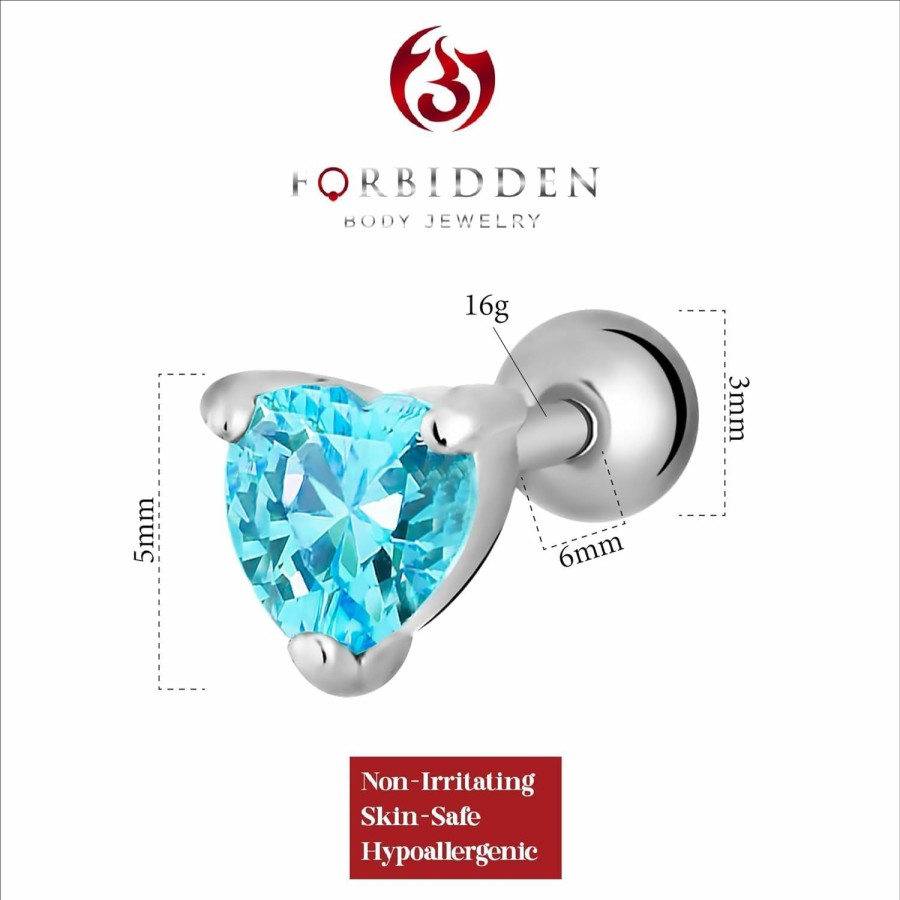 Forbidden Body Jewelry Body Piercing Studs | Forbidden Body Jewelry 16G 6Mm Surgical Steel Cartilage Earring Stud With 5Mm Cz Heart Crystal