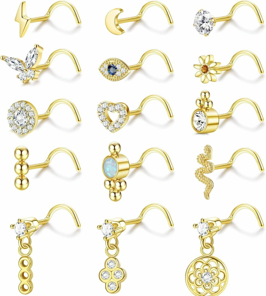 LOLIAS Body Piercing Studs | Lolias 15Pcs 20G Dangle Nose Rings Studs L-Shape/Corkscrew Nose Rings For Women Men Cz Opal Beads Moon Flower Heart Silver/Gold Tone Cute Nose Studs Piercing Jewelry