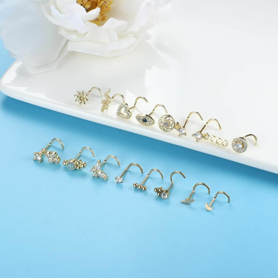 LOLIAS Body Piercing Studs | Lolias 15Pcs 20G Dangle Nose Rings Studs L-Shape/Corkscrew Nose Rings For Women Men Cz Opal Beads Moon Flower Heart Silver/Gold Tone Cute Nose Studs Piercing Jewelry