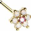 Pierced Owl Body Piercing Studs | 20Ga Gold Tone Vintage Rose Pink Crystal Flower Nose Bone Stud