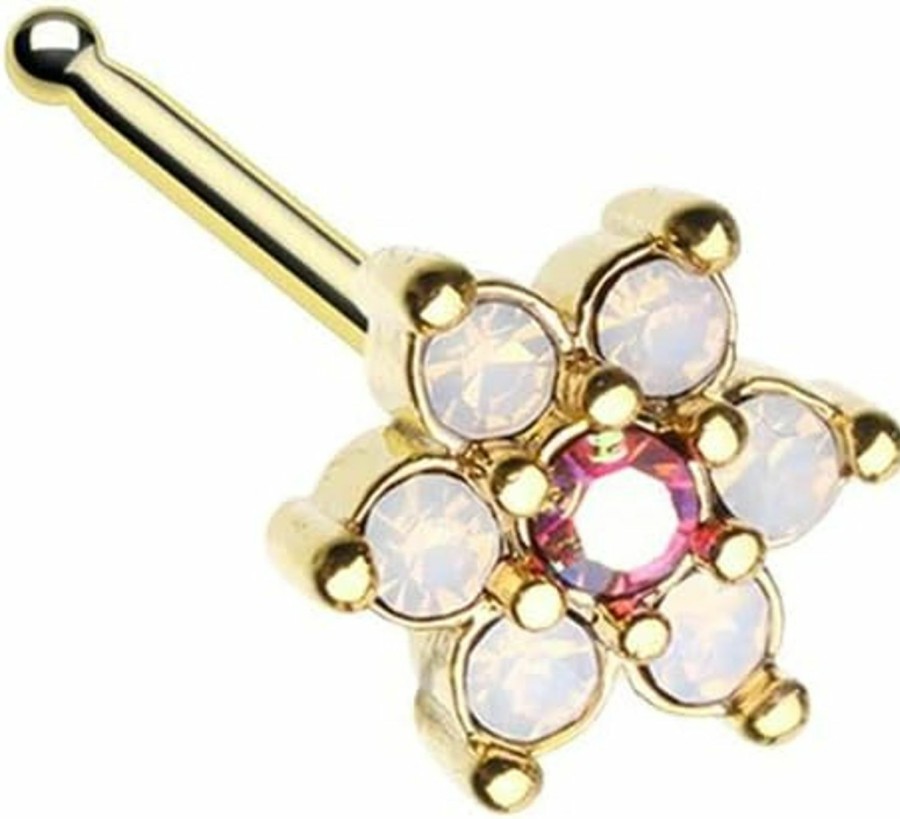 Pierced Owl Body Piercing Studs | 20Ga Gold Tone Vintage Rose Pink Crystal Flower Nose Bone Stud