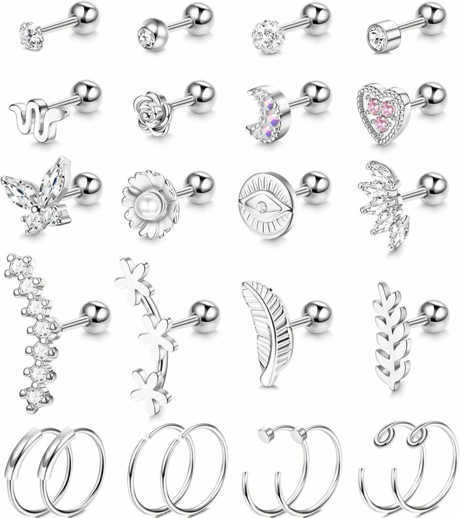 JOERICA Body Piercing Studs | Joerica 24Pcs 16G Cartilage Earrings For Women Helix Tragus Piercing Earrings Flower Butterfly Heart Stars Moon Stainless Steel Cartilage Earrings