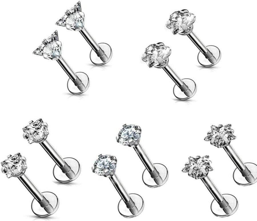 ZETSHION Body Piercing Studs | 5 Pairs 16G Heart/Star/Square/Round/Triangle Shape Stud Cartilage Earrings For Women Men 3Mm Clear Cz Tragus Nose Helix Conch Medusa Lip Ring Labret Monroe Piercing Jewelry Internally Threaded Flat Back Studs Earring