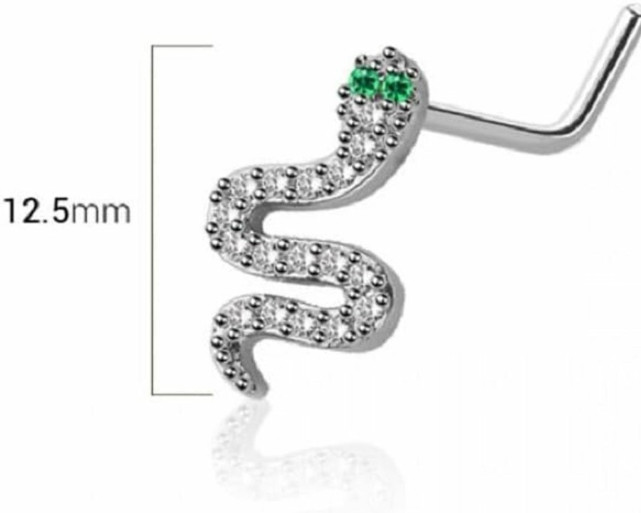 Pierced Owl Body Piercing Studs | Pierced Owl 20Ga 316L Stainless Steel Cz Crystal Snake With Green Eyes L-Bend Nose Stud