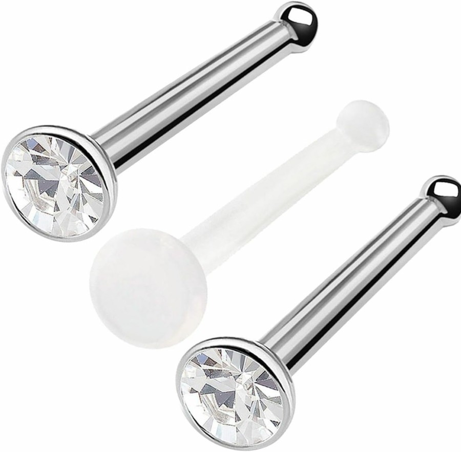 bodyjewellery Body Piercing Studs | Bodyjewellery 3Pcs 18G 1Mm Nose Stud Bone Straight Bar Nostril Ring Surgical Stainless Steel With 2.5Mm Crystal And 20G Retainer Pick Color