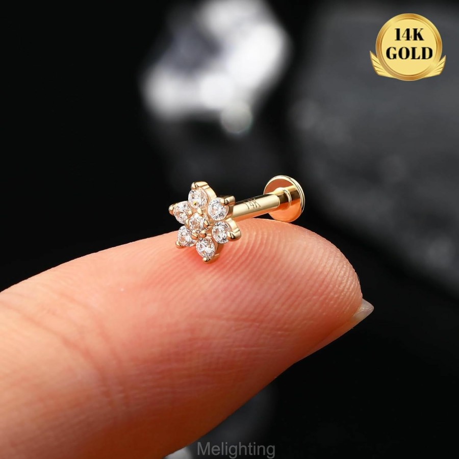 Melighting Body Piercing Studs | Melighting 14K Solid Gold Cartilage Earring 16G Gold Flower Helix Piercing Jewelry Internally Threaded Curved Cz Gold Flat Back Earring Helix Earring For Women 8Mm