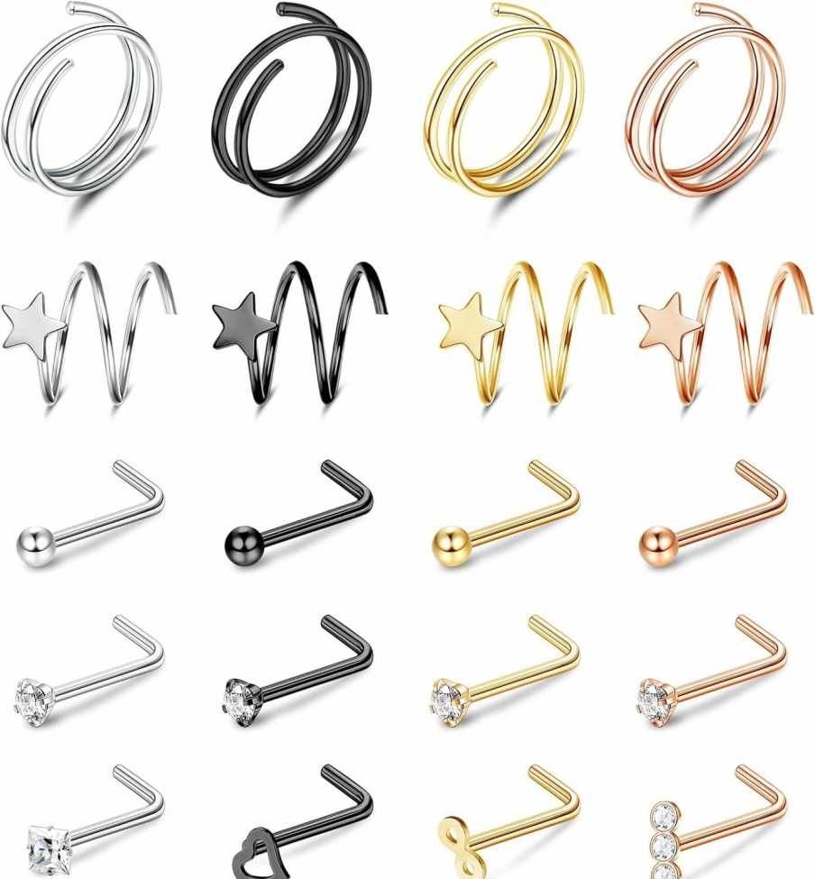 ZELORES Body Piercing Studs | Zelores 20Pcs 20G Double Hoop Nose Ring L Shaped Nose Studs 316L Stainless Steel Piercing Jewelry Small Nose Studs Spiral Nose Rings For Women Men Silver Rose Gold Balck