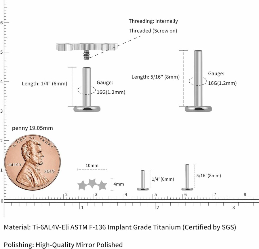 FINE4U Body Piercing Studs | Fine4U Astm F136 Titanium Piercing Jewelry Stud For Tragus Conch Helix Flat Labret 16G 6Mm 8Mm