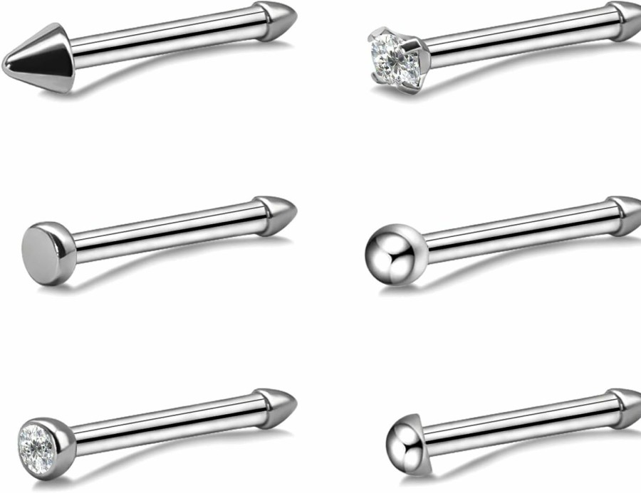 BLISI Body Piercing Studs | 6Pcs 18G 20G Nose Rings Titanium Nose Piercings Screw With Crystal Stone For Women Nose Rings L-Shaped Nose Studs Set For Women Men