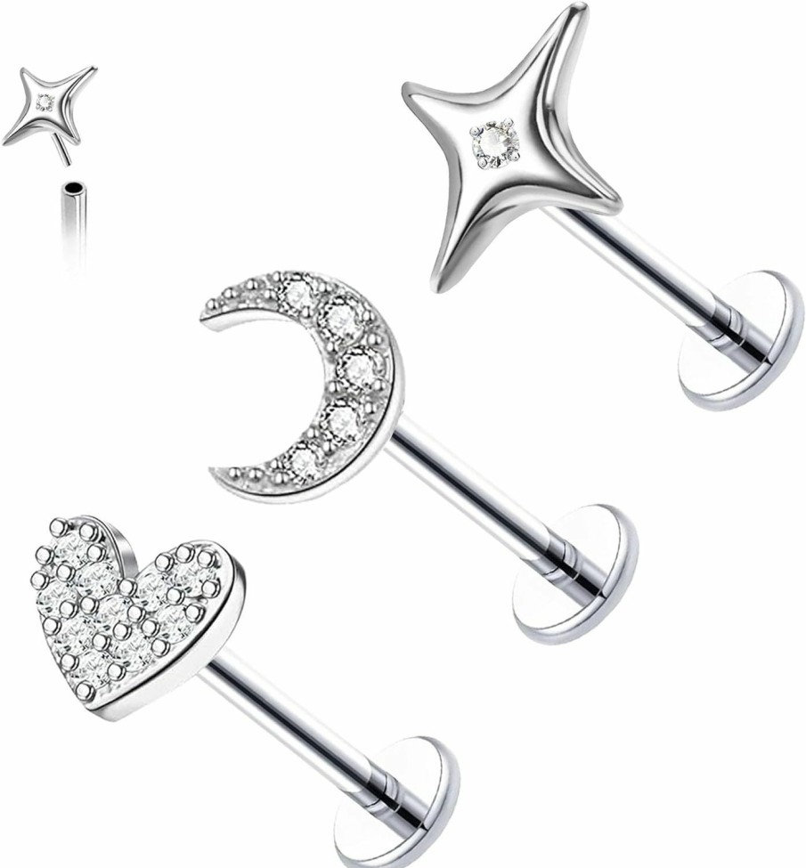 FLOGWE Body Piercing Studs | Flogwe 16G 316L Pushin Lip Rings Heart Nose Stud Rings Moon Star Nose Rings Top Push In Threadless Surgical Steel Flat Back Lobe Helix, Tragus, Conch Cartilage Earring