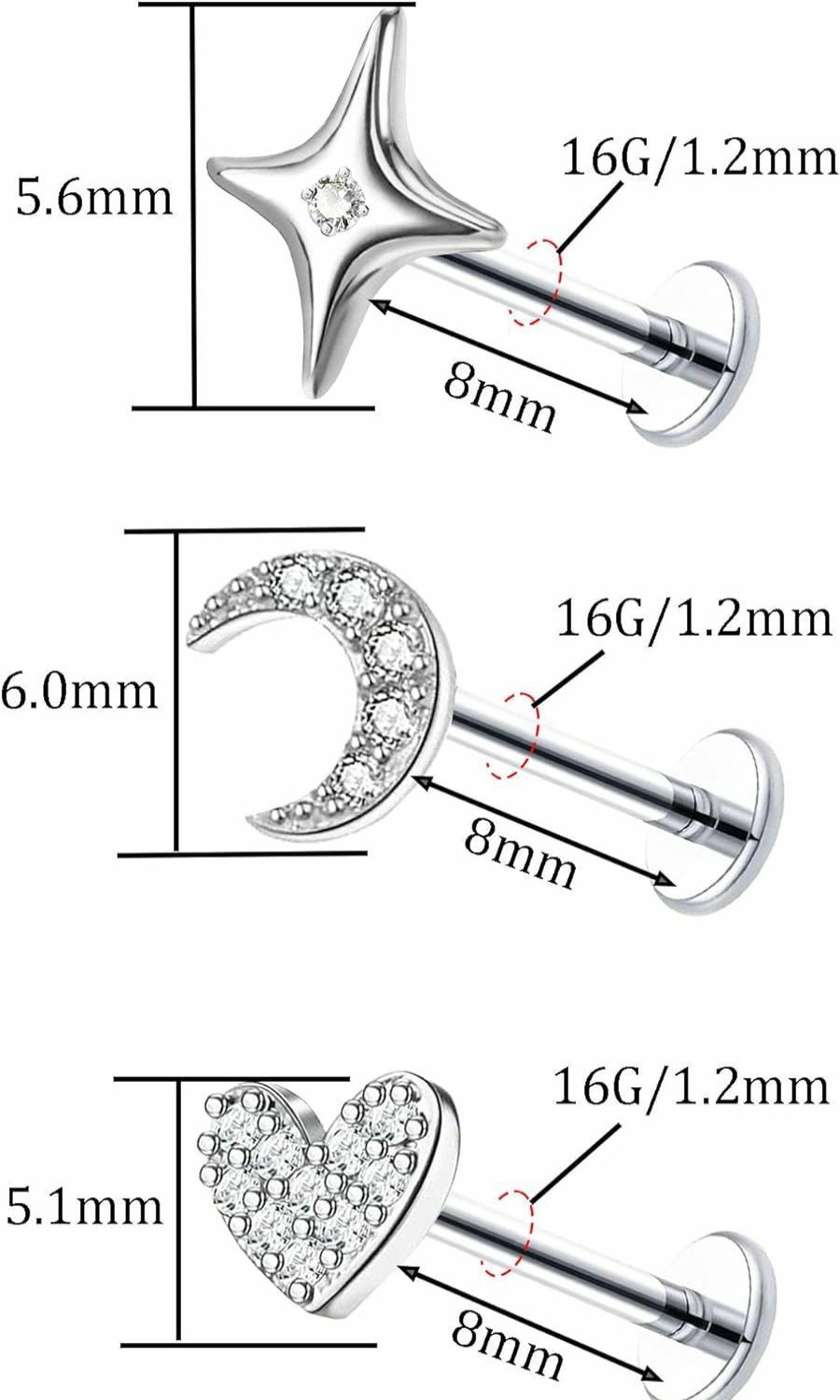 FLOGWE Body Piercing Studs | Flogwe 16G 316L Pushin Lip Rings Heart Nose Stud Rings Moon Star Nose Rings Top Push In Threadless Surgical Steel Flat Back Lobe Helix, Tragus, Conch Cartilage Earring