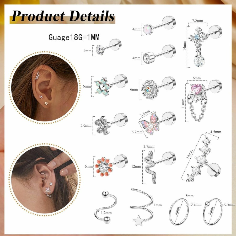 LOYALLOOK Body Piercing Studs | Loyallook 18Pcs Cartilage Earring Stud For Women Surgical Steel Flat Back Earrings Couch Hoop Piercing Opal Flower Sanke Helix Tragus Piercing Cz Cartilage Earring Piercing