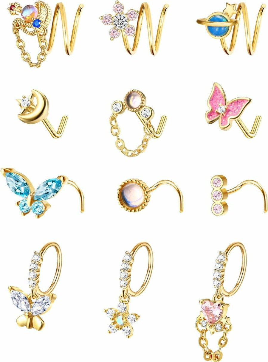 Dochais Body Piercing Studs | Dochias 9 Pcs 16G Dangle Nose Rings Studs Hoops Stainless Steel L Shaped Nose Studs Cz Opal Dangling Nose Piercing Jewelry