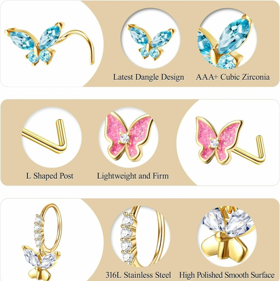 Dochais Body Piercing Studs | Dochias 9 Pcs 16G Dangle Nose Rings Studs Hoops Stainless Steel L Shaped Nose Studs Cz Opal Dangling Nose Piercing Jewelry