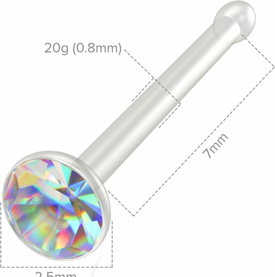 Evonix Body Piercing Studs | Bling Piercing 4Pc 20G 0.8Mm Nose Stud Bone Straight Bar Nostril Ring Surgical Steel 2.5Mm Crystal Ab Bioflex Stud Retainer