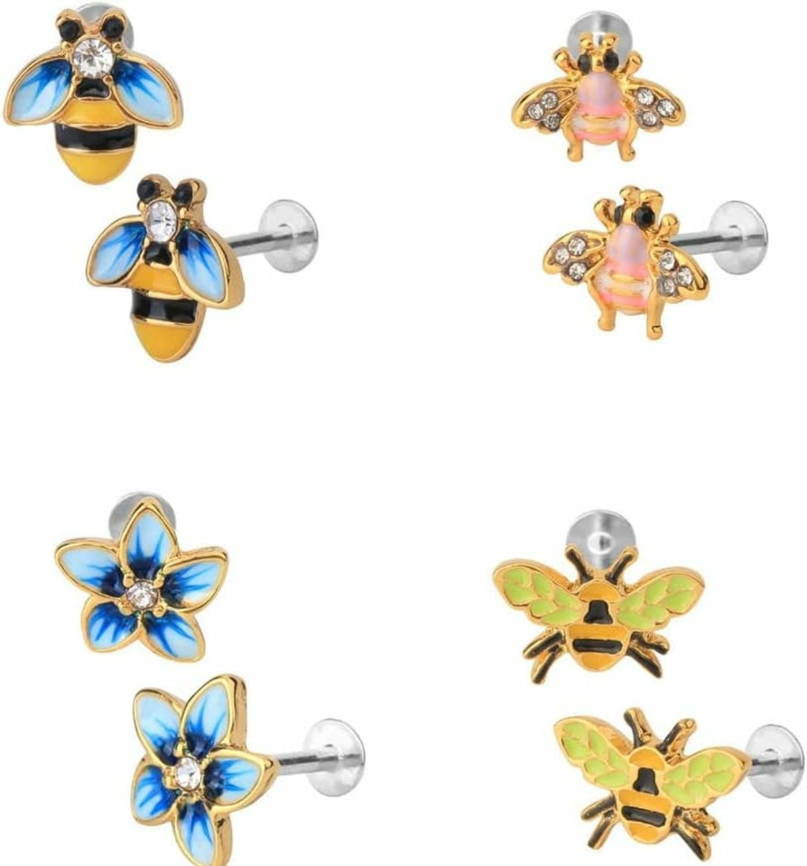 blue palm jewelry Body Piercing Studs | Blue Palm Jewelry Sets Of 16 Gauge 1/4 Inch 316L Stainless Steel Labret Barbell Bumble Bee Or Dragonfly Or Flowers Monroe Lip Ring Tragus Helix Cartilage Earring Stud Internal Threaded Barbell